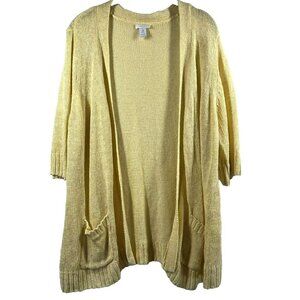 Chicos Sweater Cardigan XL Yellow Linen Blend Pockets Open Short Sleeve Metallic